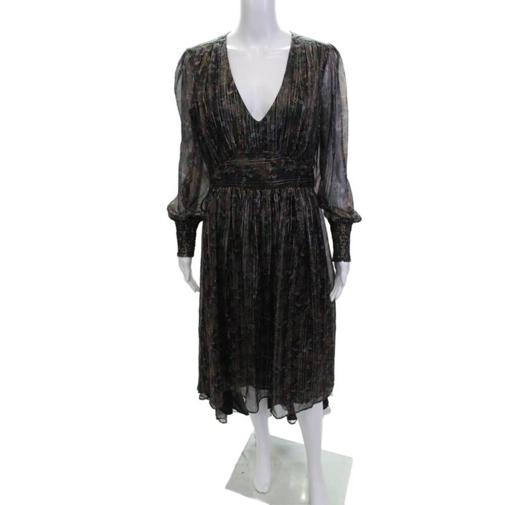 Allison Womens Fit & Flare Black Floral V-Neck Long Sleeve Dress Size S